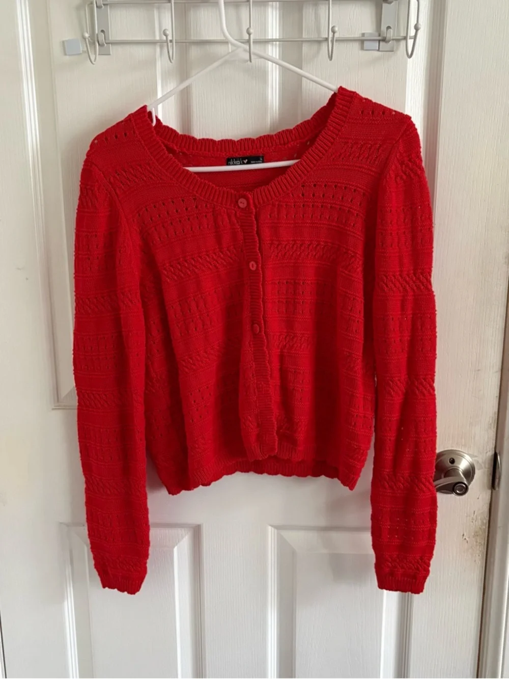 Bright Red Openwork Button-Front Cardigan Sweater - Picture 1 of 7